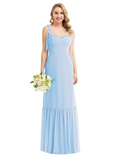 Bleu ciel clair Trapèze Bretelles spaghetti Mousseline Longue Robes demoiselle d'honneur Pas Cher