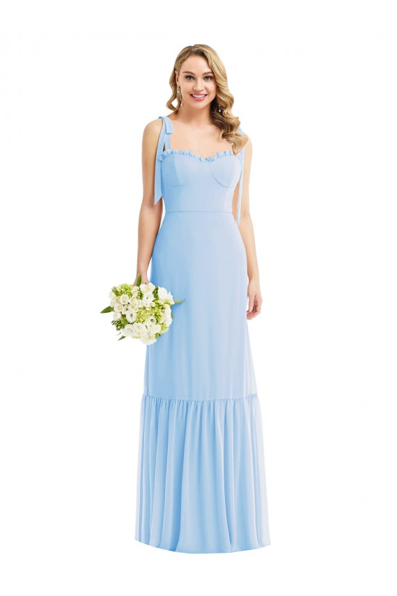 Bleu ciel clair Trapèze Bretelles spaghetti Mousseline Longue Robes demoiselle d'honneur Pas Cher