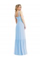 Bleu ciel clair Trapèze Bretelles spaghetti Mousseline Longue Robes demoiselle d'honneur Pas Cher