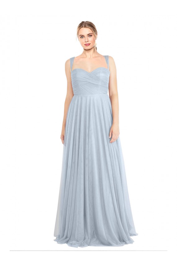 Bleu ciel clair Trapèze Bretelles spaghetti Tulle Longue Robes demoiselle d'honneur Pas Cher