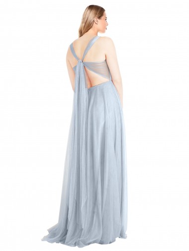 Bleu ciel clair Trapèze Bretelles spaghetti Tulle Longue Robes demoiselle d'honneur