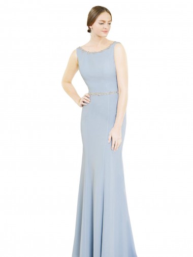Bleu ciel clair Trapèze Col Bateau Col Haut Mousseline Longue Robes demoiselle d'honneur Pas Cher
