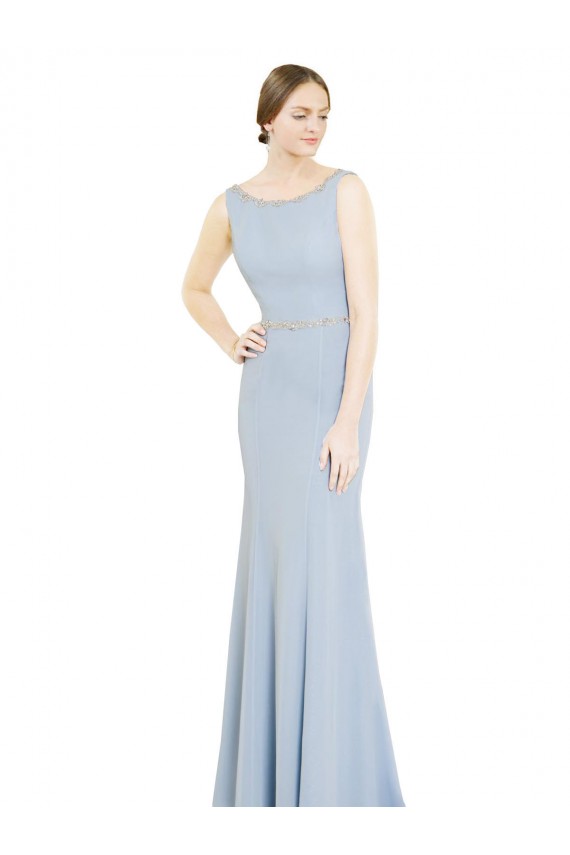Bleu ciel clair Trapèze Col Bateau Col Haut Mousseline Longue Robes demoiselle d'honneur Pas Cher