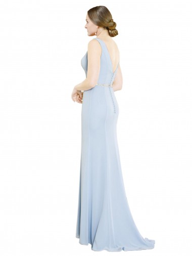 Bleu ciel clair Trapèze Col Bateau Col Haut Mousseline Longue Robes demoiselle d'honneur