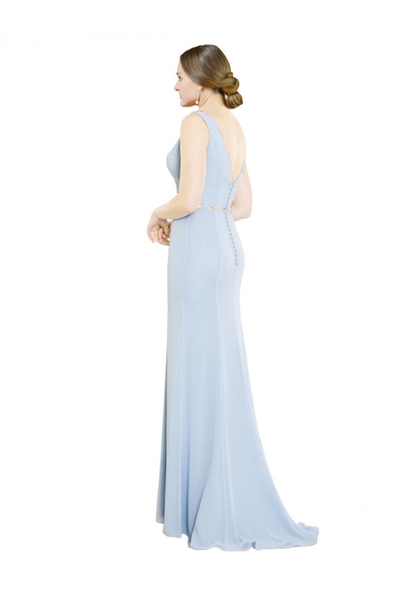Bleu ciel clair Trapèze Col Bateau Col Haut Mousseline Longue Robes demoiselle d'honneur Pas Cher