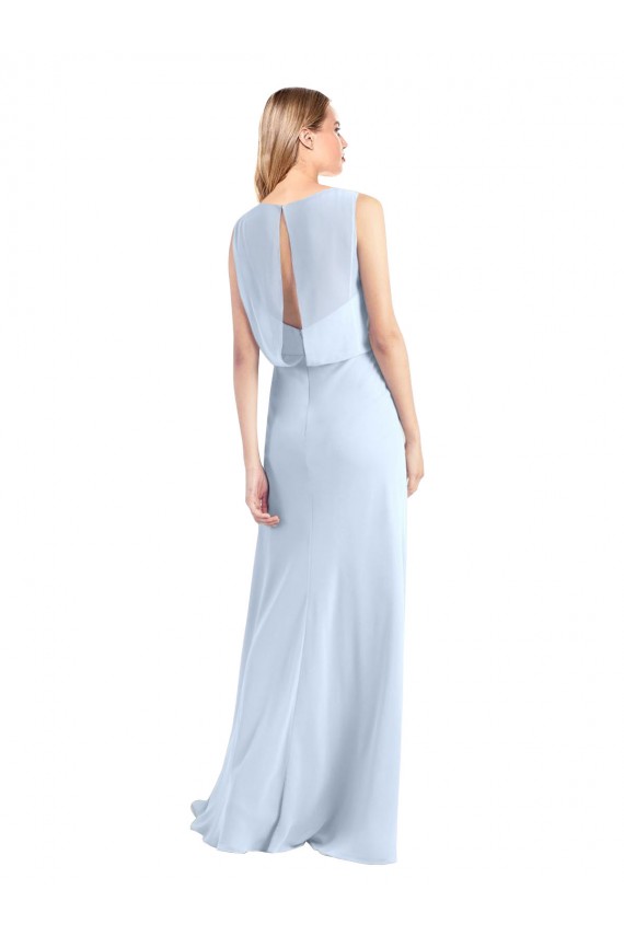Bleu ciel clair Trapèze Col V Mousseline Longue Robes demoiselle d'honneur Pas Cher