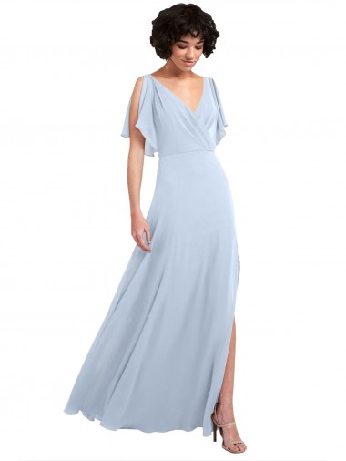 Bleu ciel clair Trapèze Col V Mousseline Longue Robes demoiselle d'honneur Pas Cher