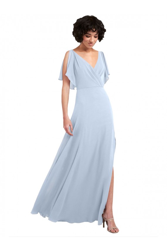 Bleu ciel clair Trapèze Col V Mousseline Longue Robes demoiselle d'honneur Pas Cher