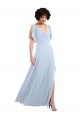 Bleu ciel clair Trapèze Col V Mousseline Longue Robes demoiselle d'honneur Pas Cher