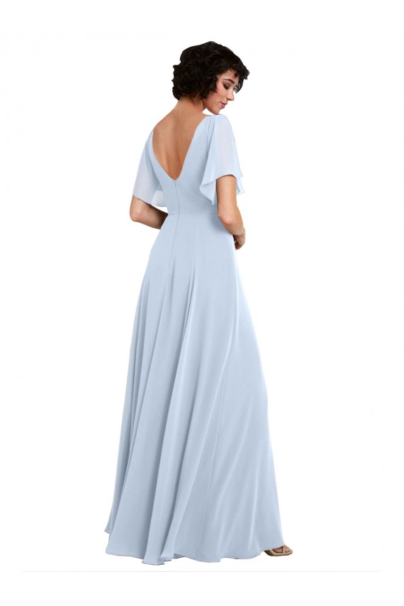 Bleu ciel clair Trapèze Col V Mousseline Longue Robes demoiselle d'honneur Pas Cher