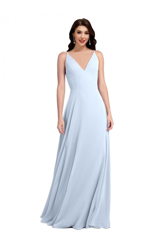 Bleu ciel clair Trapèze Col V Mousseline Longue Robes demoiselle d'honneur Pas Cher