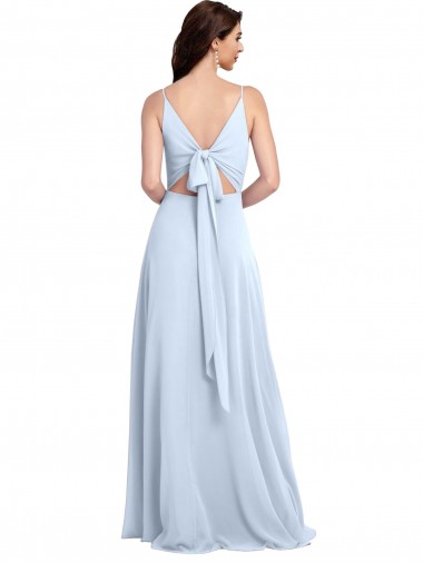 Bleu ciel clair Trapèze Col V Mousseline Longue Robes demoiselle d'honneur