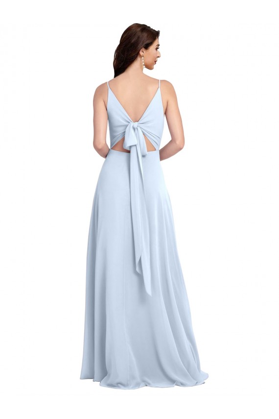 Bleu ciel clair Trapèze Col V Mousseline Longue Robes demoiselle d'honneur Pas Cher