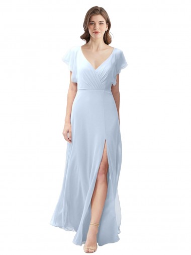 Bleu ciel clair Trapèze Col V Mousseline Longue Robes demoiselle d'honneur Pas Cher