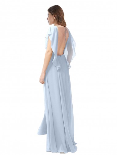 Bleu ciel clair Trapèze Col V Mousseline Longue Robes demoiselle d'honneur
