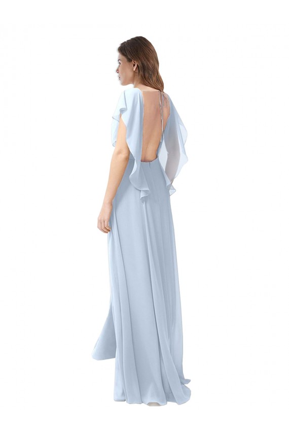 Bleu ciel clair Trapèze Col V Mousseline Longue Robes demoiselle d'honneur Pas Cher