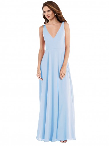 Bleu ciel clair Trapèze Col V Mousseline Longue Robes demoiselle d'honneur Pas Cher