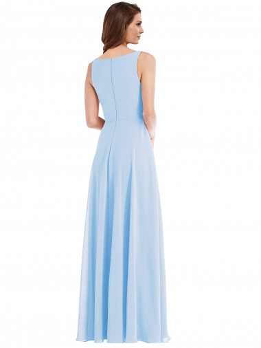 Bleu ciel clair Trapèze Col V Mousseline Longue Robes demoiselle d'honneur