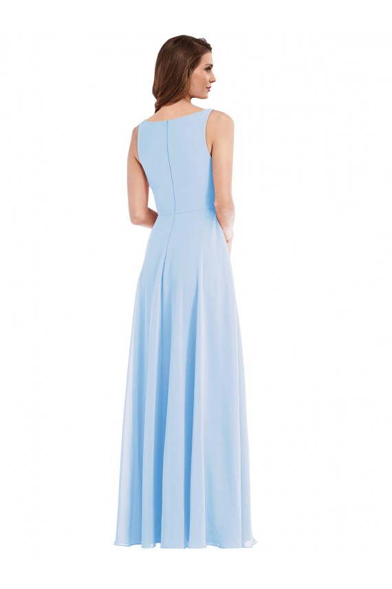 Bleu ciel clair Trapèze Col V Mousseline Longue Robes demoiselle d'honneur Pas Cher