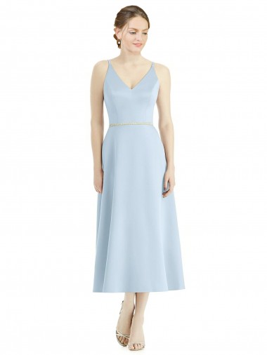 Bleu ciel clair Trapèze Col V Satiné Longue Robes demoiselle d'honneur Pas Cher