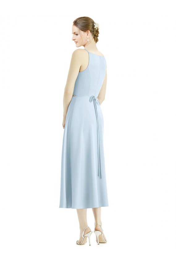 Bleu ciel clair Trapèze Col V Satiné Longue Robes demoiselle d'honneur Pas Cher