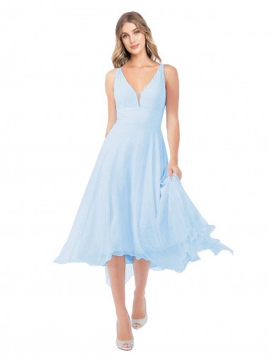 Bleu ciel clair Trapèze Col V midi Mousseline Courte Robes demoiselle d'honneur / Robes de cocktail Pas Cher