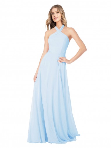 Bleu ciel clair Trapèze Licou Col Haut Mousseline Longue Robes demoiselle d'honneur Pas Cher