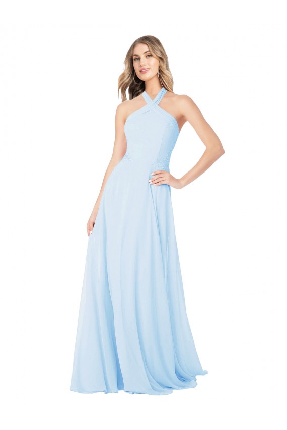 Bleu ciel clair Trapèze Licou Col Haut Mousseline Longue Robes demoiselle d'honneur Pas Cher