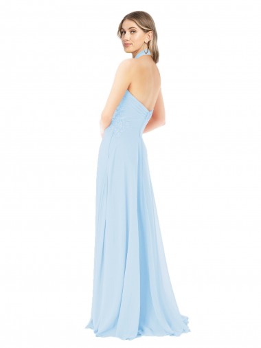 Bleu ciel clair Trapèze Licou Col Haut Mousseline Longue Robes demoiselle d'honneur