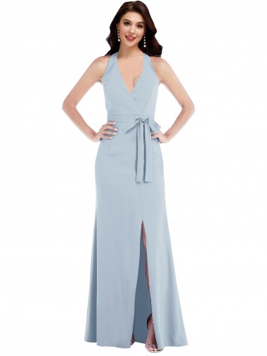 Bleu ciel clair Trapèze Licou Col V Crêpe Stretch Longue Formelles Robes demoiselle d'honneur / Robes de soirée / Robes de bal Pas Cher