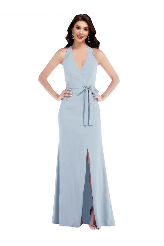 Bleu ciel clair Trapèze Licou Col V Crêpe Stretch Longue Formelles Robes demoiselle d'honneur / Robes de soirée / Robes de bal Pas Cher