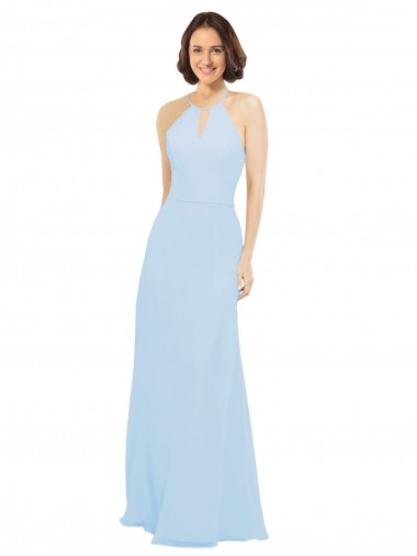 Bleu ciel clair Trapèze Licou Mousseline Longue Robes demoiselle d'honneur Pas Cher