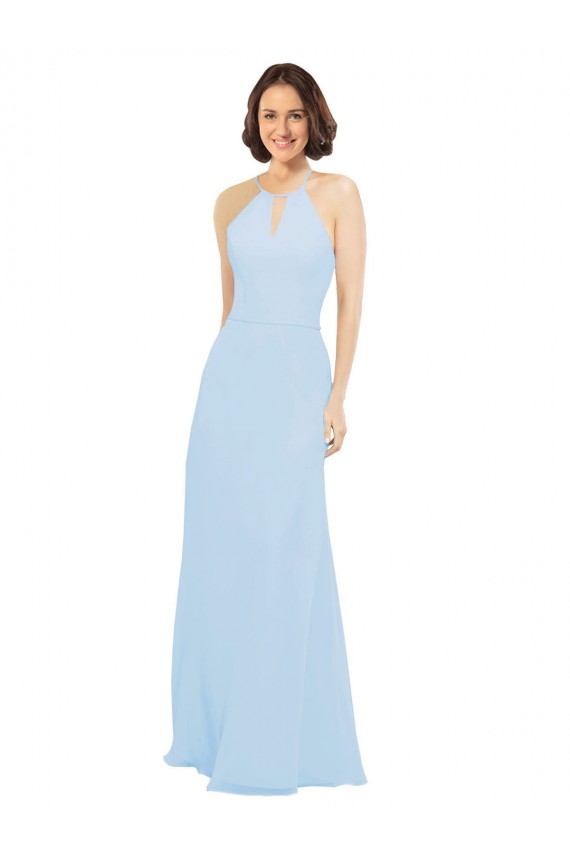 Bleu ciel clair Trapèze Licou Mousseline Longue Robes demoiselle d'honneur Pas Cher