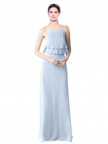 Bleu ciel clair Trapèze Licou Mousseline Longue Robes demoiselle d'honneur Pas Cher