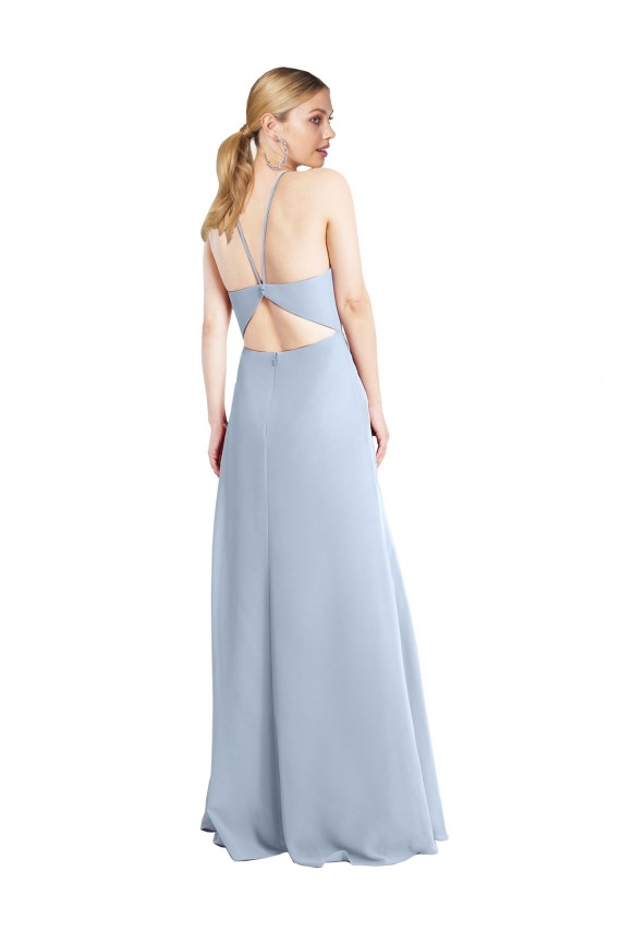 Bleu ciel clair Trapèze Licou Mousseline Longue Robes demoiselle d'honneur Pas Cher