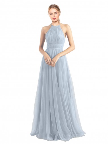 Bleu ciel clair Trapèze Licou Tulle Longue Robes demoiselle d'honneur Pas Cher