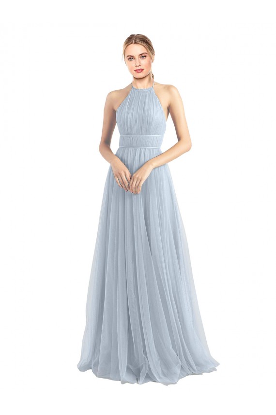 Bleu ciel clair Trapèze Licou Tulle Longue Robes demoiselle d'honneur Pas Cher