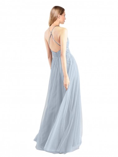 Bleu ciel clair Trapèze Licou Tulle Longue Robes demoiselle d'honneur