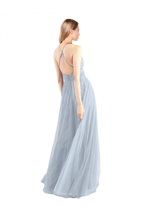 Bleu ciel clair Trapèze Licou Tulle Longue Robes demoiselle d'honneur Pas Cher