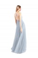 Bleu ciel clair Trapèze Licou Tulle Longue Robes demoiselle d'honneur Pas Cher