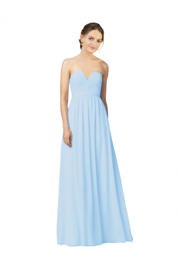 Bleu ciel clair Trapèze Sans bretelle Mousseline Longue Robes demoiselle d'honneur Pas Cher