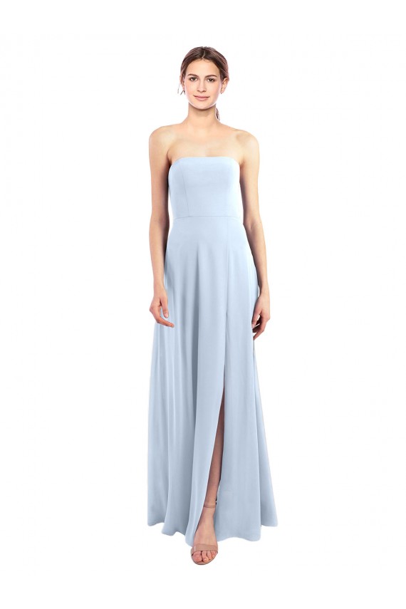Bleu ciel clair Trapèze Sans bretelle Mousseline Longue Robes demoiselle d'honneur Pas Cher