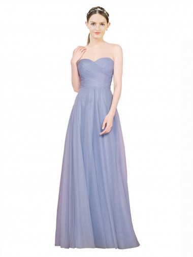 Bleu ciel clair Trapèze Sans bretelle Tulle Longue Robes demoiselle d'honneur Pas Cher