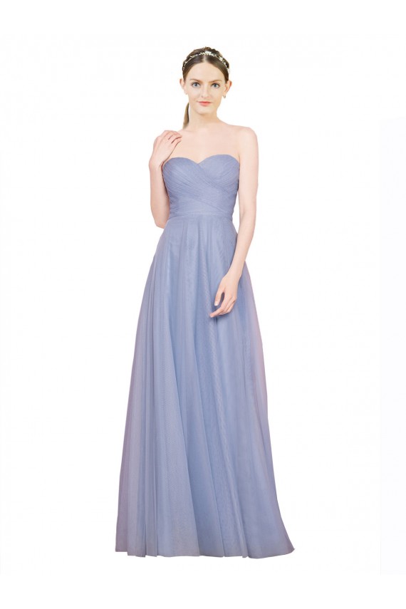 Bleu ciel clair Trapèze Sans bretelle Tulle Longue Robes demoiselle d'honneur Pas Cher