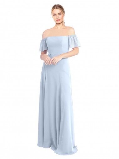 Bleu ciel clair Trapèze Épaule Dénudée Col Carré Mousseline Longue Robes demoiselle d'honneur Pas Cher