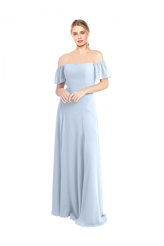 Bleu ciel clair Trapèze Épaule Dénudée Col Carré Mousseline Longue Robes demoiselle d'honneur Pas Cher