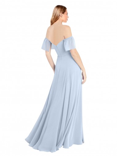 Bleu ciel clair Trapèze Épaule Dénudée Col Carré Mousseline Longue Robes demoiselle d'honneur