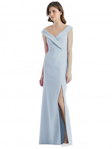 Bleu ciel clair Trapèze Épaule Dénudée Col V Crêpe Stretch Longue Robes demoiselle d'honneur Pas Cher