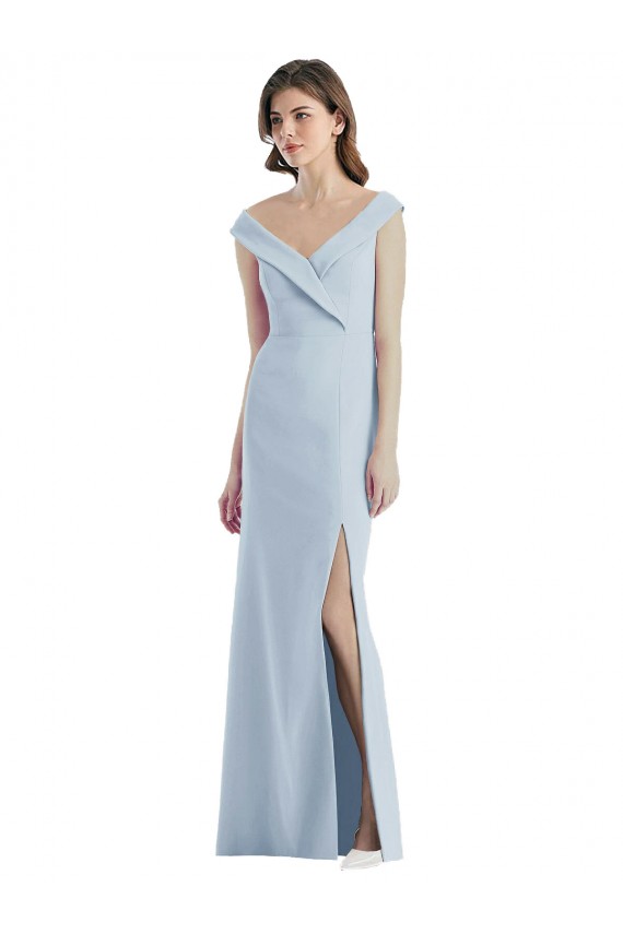 Bleu ciel clair Trapèze Épaule Dénudée Col V Crêpe Stretch Longue Robes demoiselle d'honneur Pas Cher