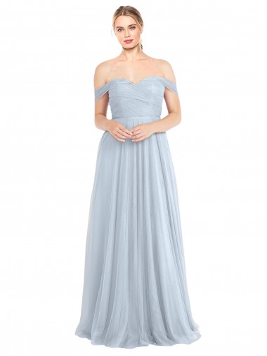 Bleu ciel clair Trapèze Épaule Dénudée Tulle Longue Robes demoiselle d'honneur Pas Cher